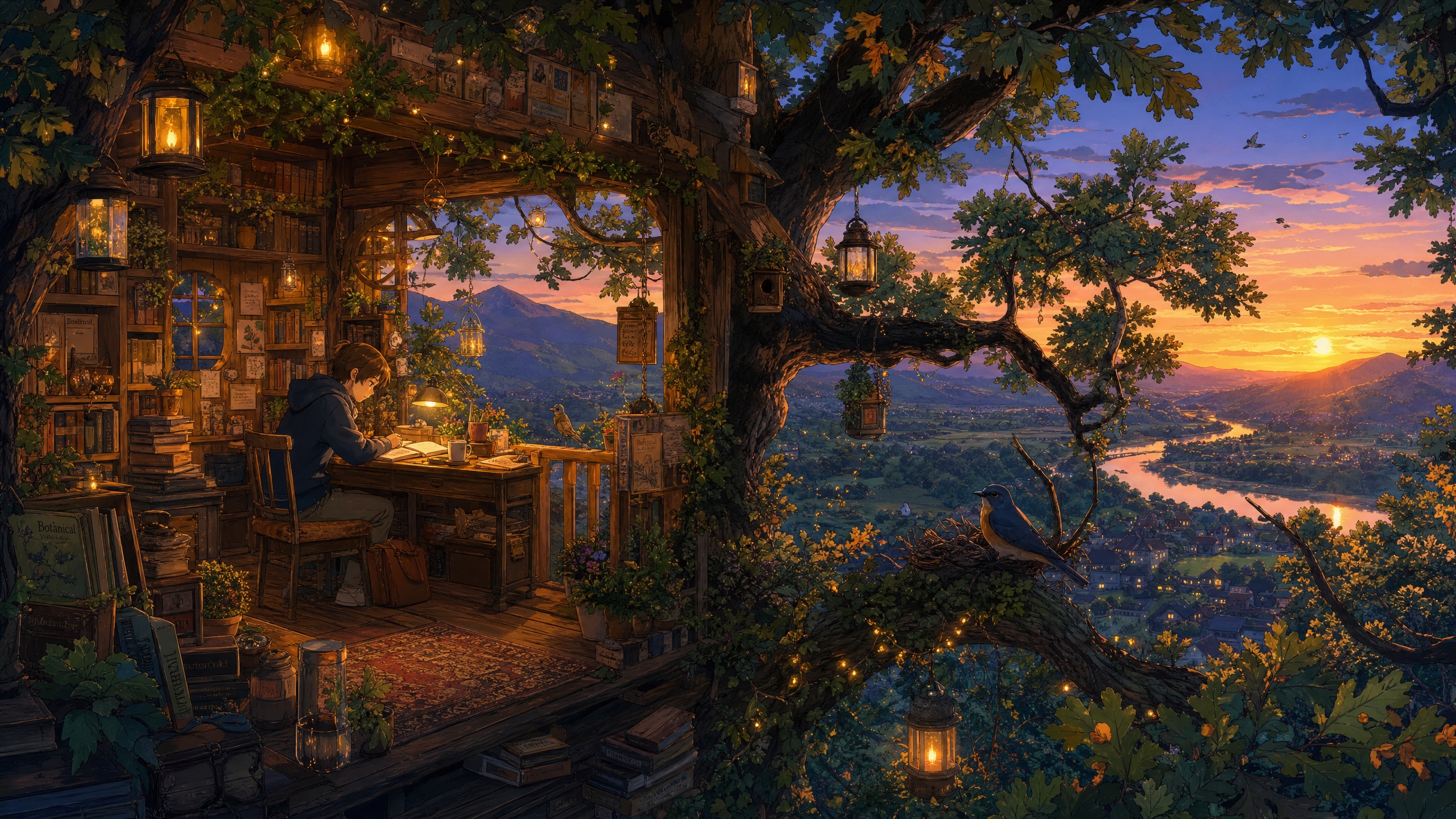 A cozy treehouse study desk nestled in a massive oak tree, overlooking a spectacular valley and sunset