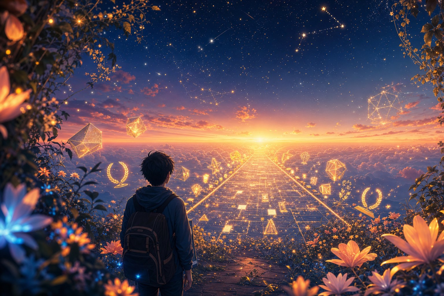 A student gazing at a luminous pathway of opportunity stretching toward the horizon